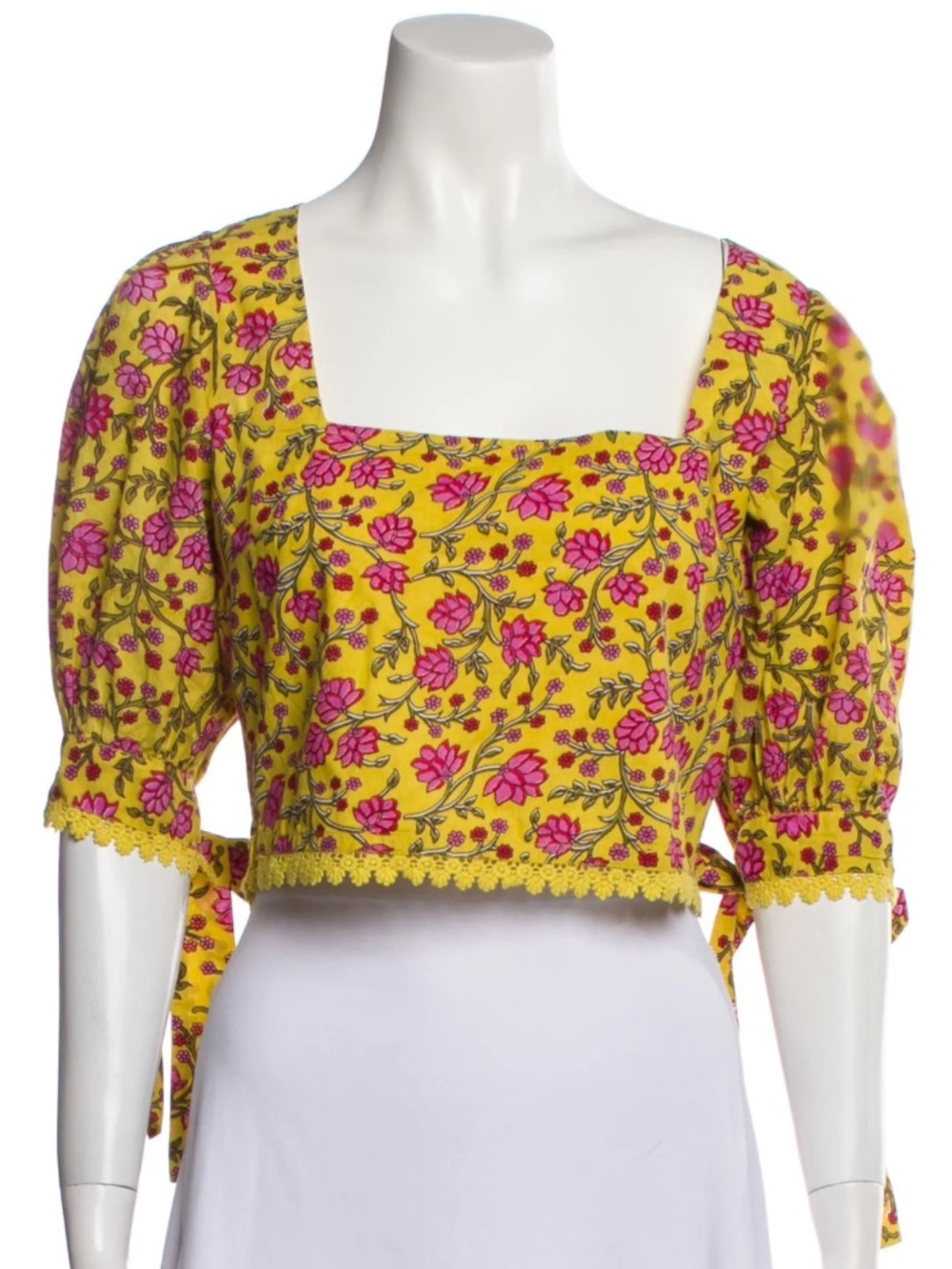 EDDY Floral Square Neck Crop Top Size 20 Yellow Pink Puff Sleeve NWT Sample